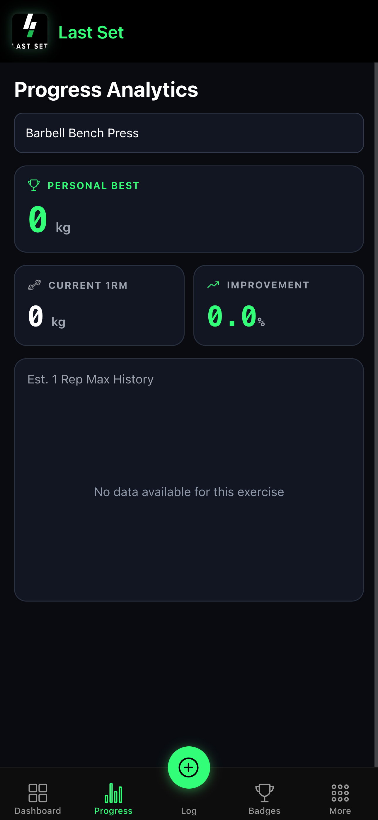 Progress analytics showing personal best and rep-max history