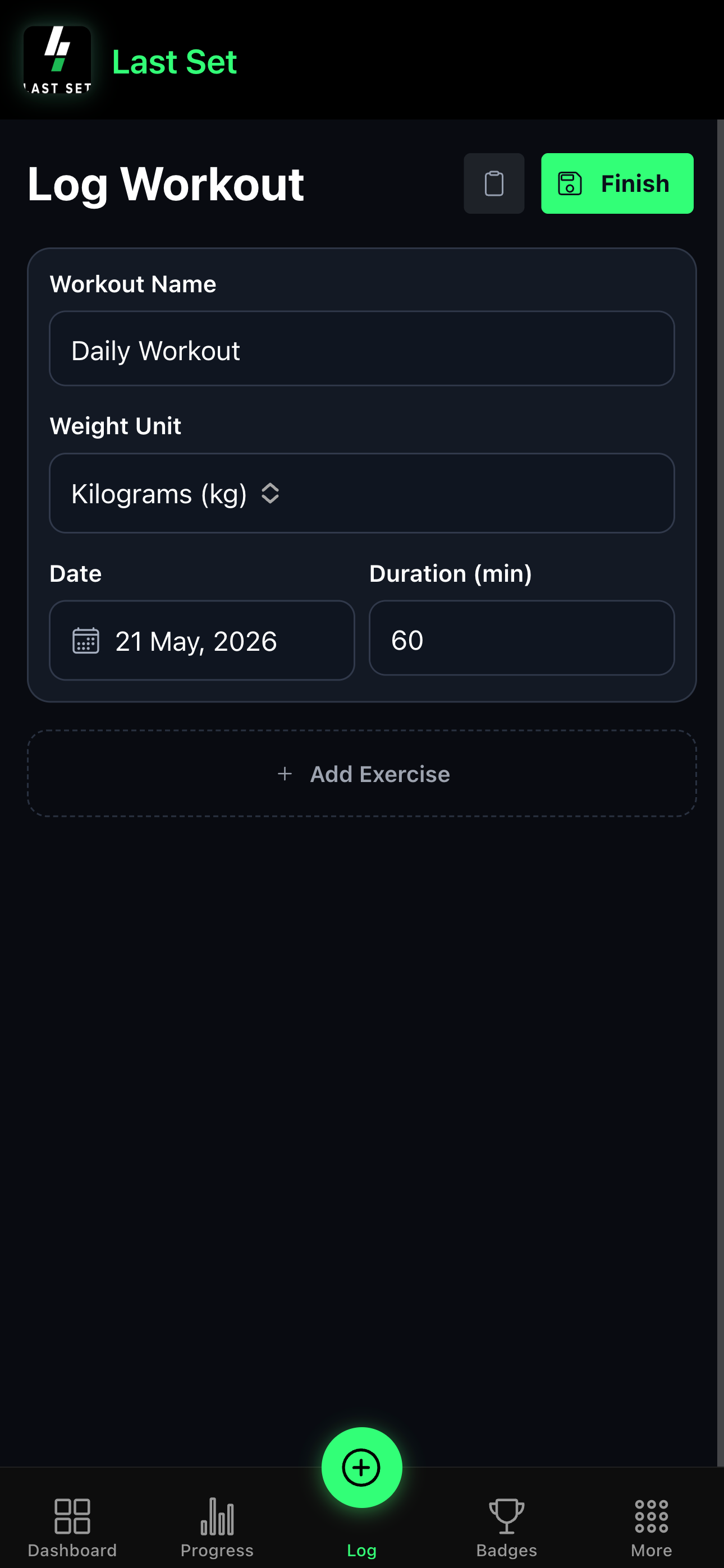 Log Workout screen for naming a session and adding exercises